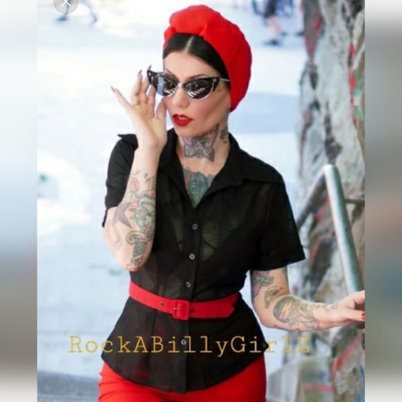 Tatyana Tops - Tatyana Dolly Classic Black Sheer Pinup Button Up Blouse w Wing Tip Collar